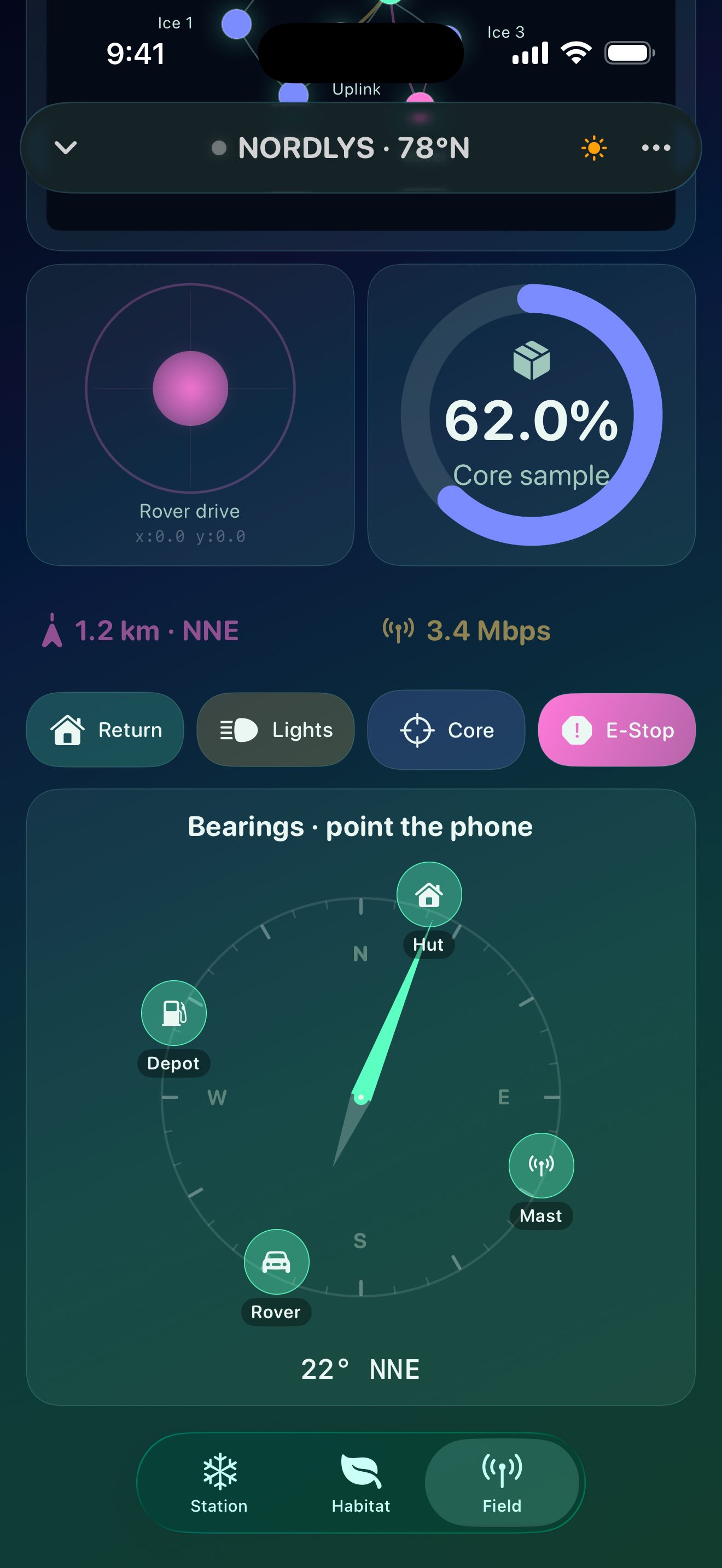 Nordlys Field tab scrolled: bearing compass with action pucks