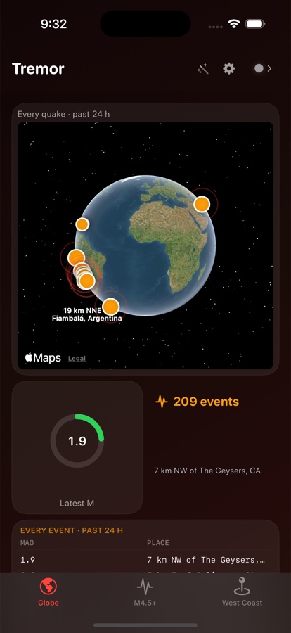 Tremor layout in CAR-TER, showing earthquake observations